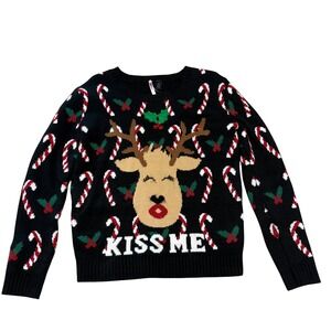 Love By Design Reindeer Kiss Me Ugly Christmas Sweater Blac Candy Cane Womens XS